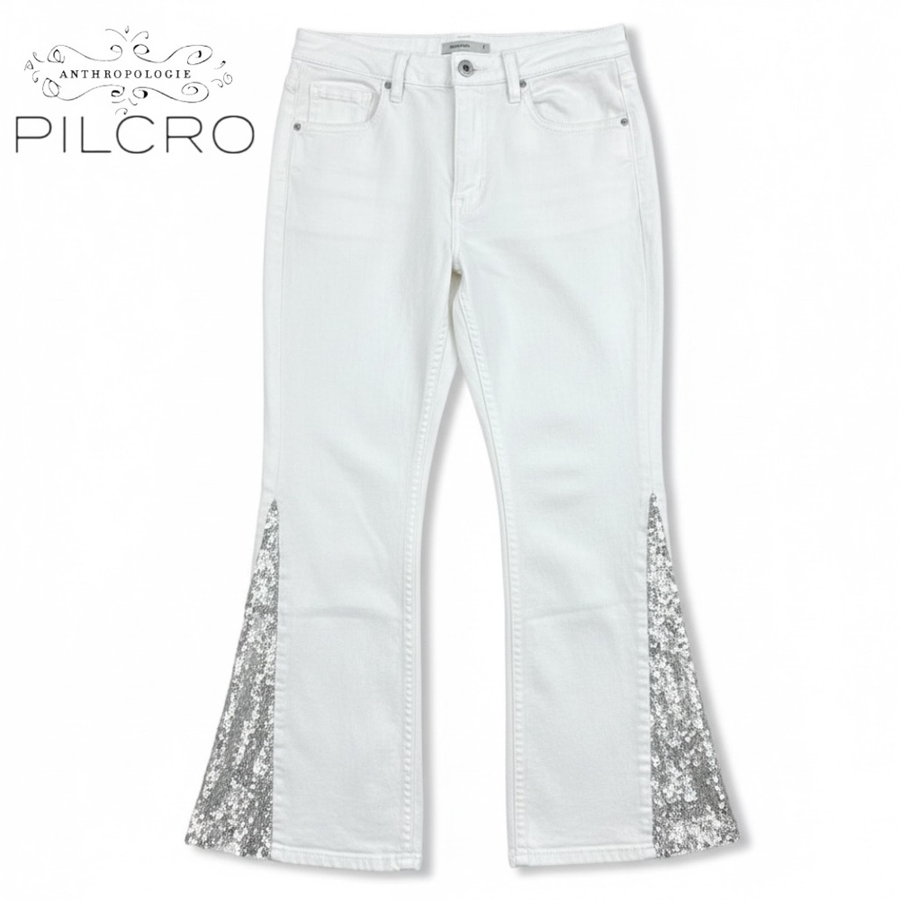 Anthropologie Pilcro Jeans High-Rise Flared White Sequin Insert Hem | Sz 28
